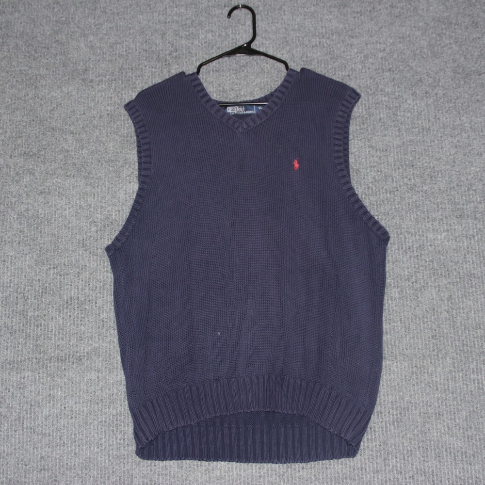 Polo Ralph Lauren Mens Navy Blue V Neck‎ Sweater Vest XL Cotton Logo Embroidered
